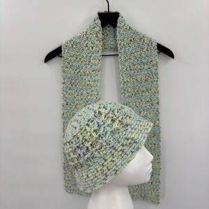 Handmade Crochet Knit Bucket Hat and Scarf Set Women Multicolored Pastel Boho